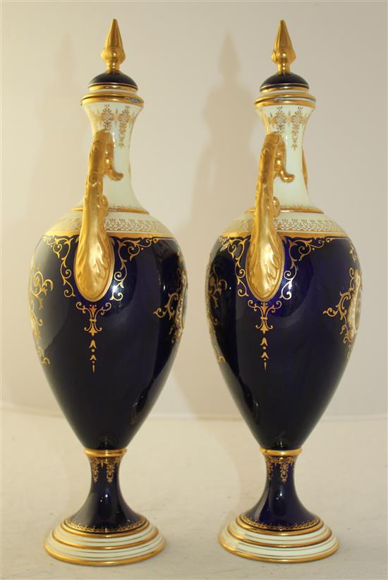 A pair of large Coalport oviform pedestal vases and covers, c.1902, 36cm